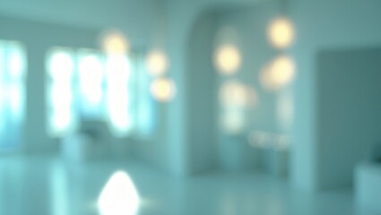 Blurry indoor space with light fixtures and large windows.