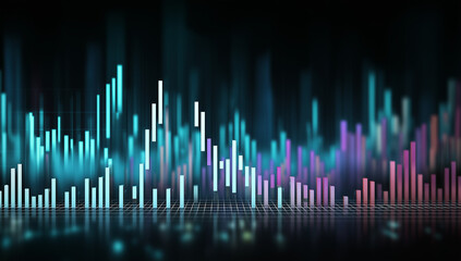 digital audio bar graph with glowing blue and purple lines, representing the growth of online music streaming services. the background is dark to highlight the colorful equalizer bars