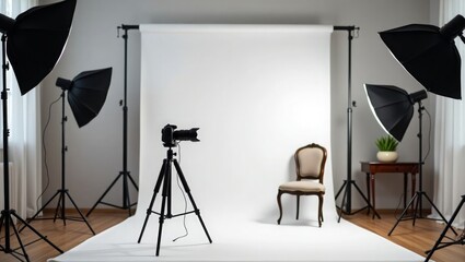 Studio setup with camera and chair photography studio