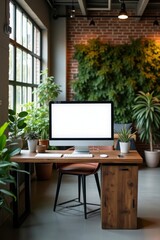 Fototapeta premium Modern Workspace With Lush Greenery office desk