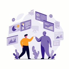 Two professionals collaborate on a digital data analysis project, surrounded by charts and graphs, symbolizing successful teamwork and strategic business insights.