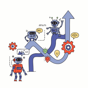 Intelligent robots collaborate on a winding upward path, illustrating digital transformation, strategic growth, and the successful implementation of AI technology.