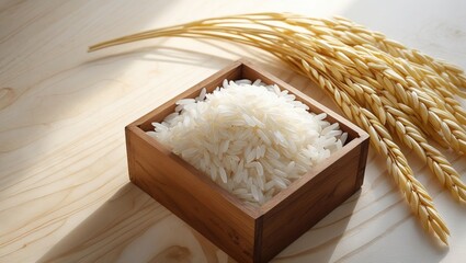 Rice in a wooden box with wheat stalks on a wooden surface. Agriculture and food concept. Grains and crops. The concept of harvest and food supply.