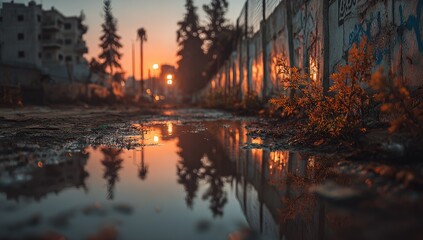 Sunrise reflections in a puddle, urban alley