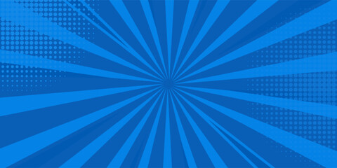 Obraz premium Pop art comic blue background with halftone, rays, gradient. Vector cartoon illustration in retro style. Design for comic book, poster, banner