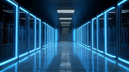 Fototapeta premium narrow server room aisle with blue glowing lights and door