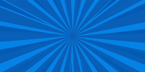 Pop art comic blue background with halftone, rays, gradient. Vector cartoon illustration in retro style. Design for comic book, poster, banner