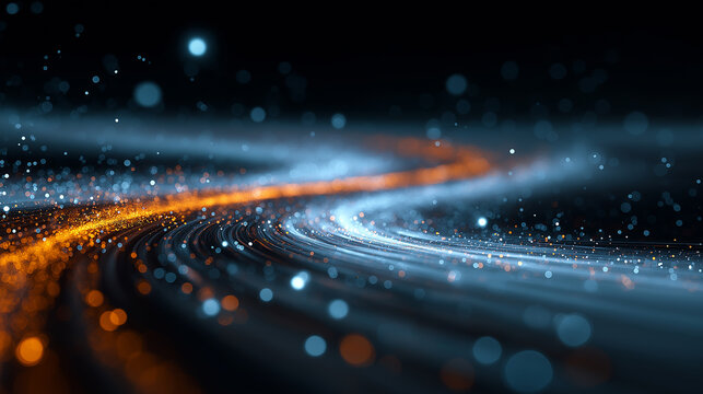 A futuristic digital highway of data streams, glowing with vibrant blue and orange lights against the dark background. The road leads to distant stars or galaxies
