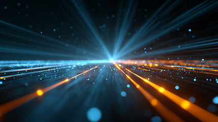 A futuristic digital highway of data streams, glowing with vibrant blue and orange lights against the dark background. The road leads to distant stars or galaxies