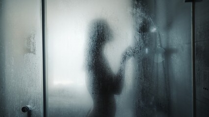 Woman showering behind glass with condensation in a modern bathroom during the morning
