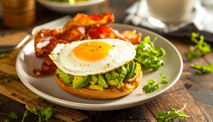 Fried egg, avocado, bacon on bagel