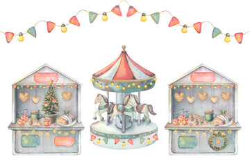 Festive market stalls, merry-go-round carousel, garland with flags and lights. Hand-painted watercolor illustration isolated on white for greeting cards, posters, invitations, postcards © Anastasiia