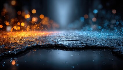 Dark surface, fire & ice, bokeh effect
