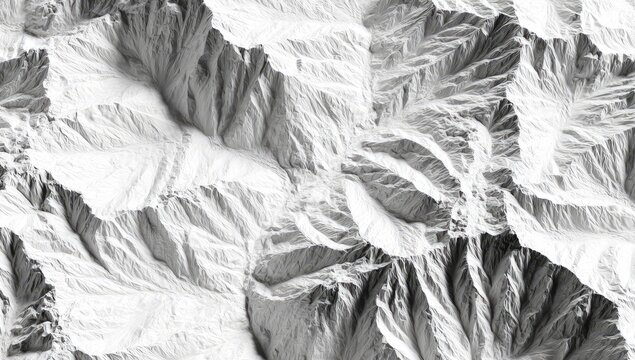 Monochrome aerial view of a vast, rugged mountain range, showcasing intricate textures and deep shadows