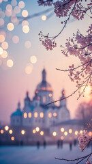 Obraz premium Cherry blossoms and bokeh lights in front of a blurred pastel building full hd 4k stock image download