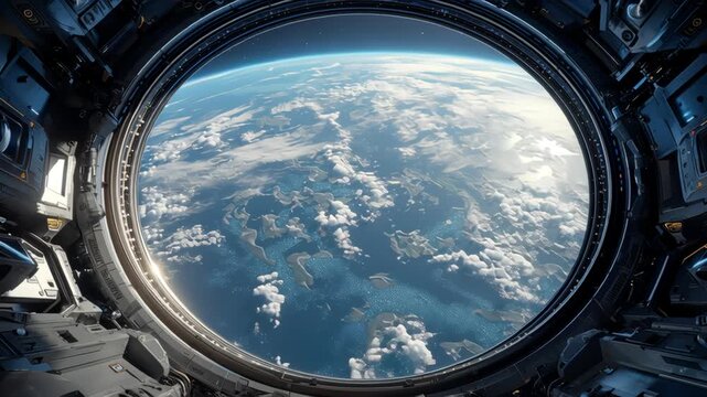 Panoramic animation from the porthole of a space station while flying over planet Earth. Earth through the porthole window of spaceship. Space perspective