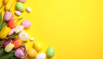 Colorful Easter eggs and tulips on yellow background
