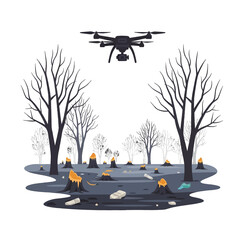 Pixel Art Scene of Drone Flying Over Deforested Area with Tree Stumps on Barren Landscape Featuring Vintage Computer Graphics