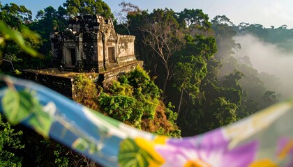 Ancient temple perched on a cliffside, misty forest