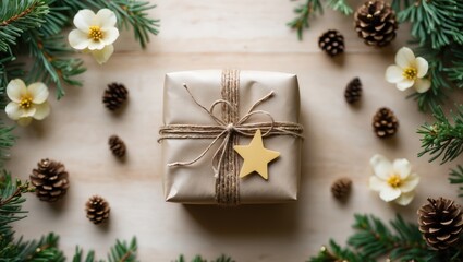 A holiday gift wrapped in beige paper with a star ornament, surrounded by pinecones and white flowers on a light wooden surface.