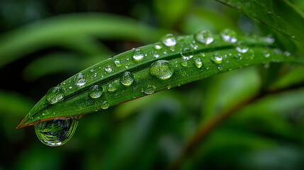 emerald tear: single dewdrop on lush green leaf with smaller beads