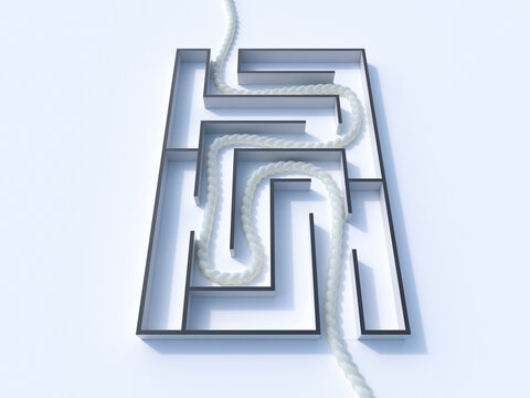 Rope navigating a maze symbolizing strategy and solution in 3d rendering