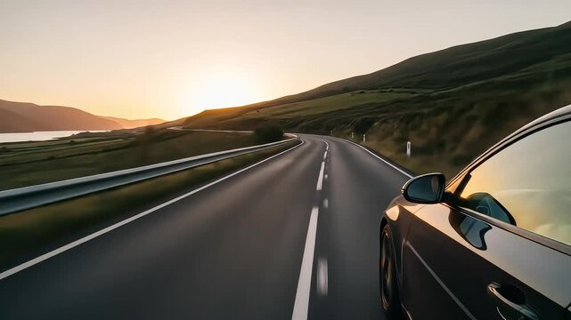 Sleek black car gliding along winding highway at golden sunset with mountains and river in the distance, capturing cinematic journey through serene open road landscape