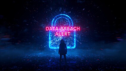 A silhouette of a person stands before a glowing digital padlock, surrounded by vibrant data streams and a 'DATA-BREACH ALERT' message.