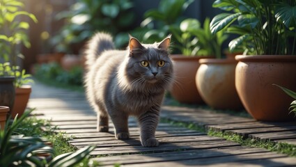 A gray cat walking on a wooden pathway among potted plants in a garden or greenhouse setting.