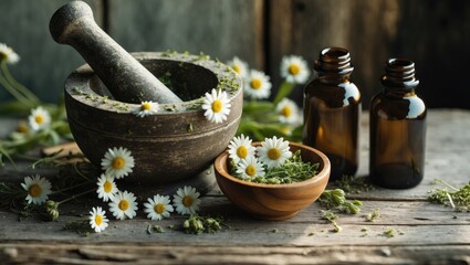 Mortar and pestle with chamomile flowers, essential oil bottles on rustic wooden surface. Natural herbal medicine, aromatherapy, and herbal remedies concept.
