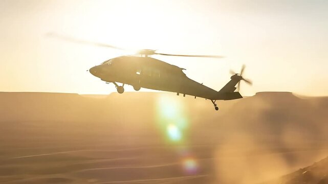 Military helicopter silhouetted in golden desert sunset as rotors cut through dusty air during dramatic low-altitude flight over rugged terrain