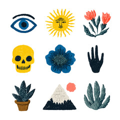 Set of hand drawn witchcraft illustrations, Halloween decoration elements