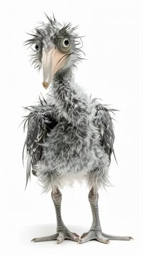 Young shoebill chick standing with fluffy feathers on white background  