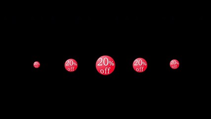 20% off. Red balls with discount amount moving from left to right. Marketing or advertising animation for products, online stores and mobile applications