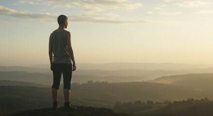 A young businessman walks alone on the misty coast at sunrise, his silhouette standing against the water and clouded sky