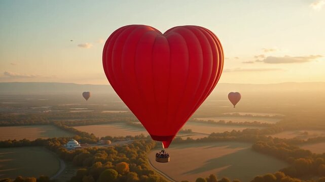 Red air balloon in love heart shape. Panoramic view on nature landscape and beautiful hot air balloon. Bright aerostat flying over the fields.