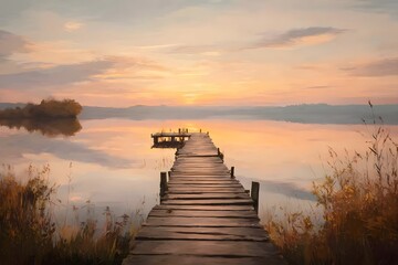 Sunset over calm lake with wooden pier extending into water.