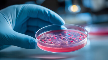 Scientist holding petri dish with pink bacteria growing in laboratory