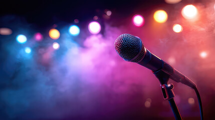 Microphone on stage with colorful lights and smoke