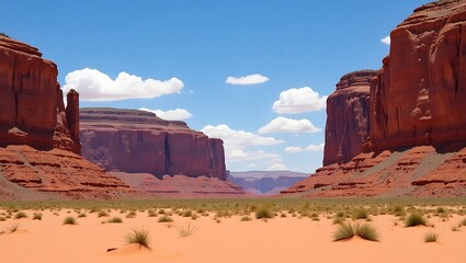 Vast desert canyon with towering red rock formations under a clear blue sky