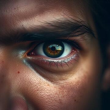 close up of audacious man eye. Determination and courage concept