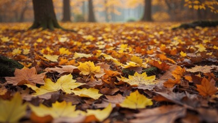 Autumn scene with fallen yellow, orange, and brown leaves on the forest floor. Trees in the background showcasing fall foliage. The essence of autumn.