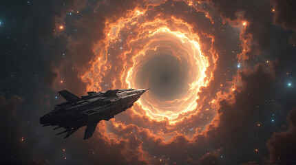 Spaceship navigating through a wormhole in the vast expanse of outer space
