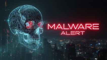 A futuristic digital skull with glowing red eyes, set against a dark cityscape, symbolizes malware threat detection.