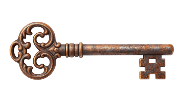 A vintage key with rust and ornate design