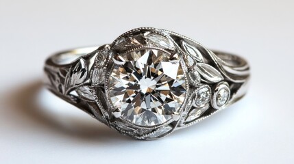 Elegant diamond ring, intricate design, studio shot, white background