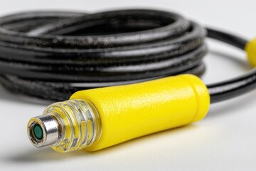 Close-up of coiled black cable with a bright yellow connector housing a small, clear sensor
