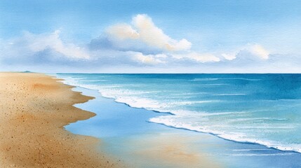 Fototapeta premium Beach background watercolor, A tranquil beach scene depicting soft waves lapping at the sandy shore under a bright blue sky with fluffy clouds.