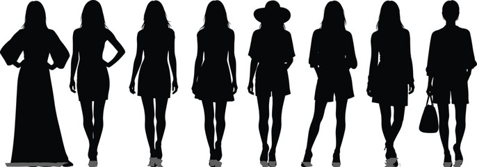 Silhouette Vector of Fashionable Women in Various Outfits and Elegant Poses, Female Models Standing Stylishly on White Background Illustration