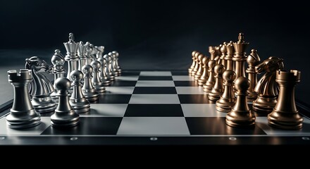Strategic battle unfolds as silver and gold chess pieces face off on a classic board, symbolizing competition and intellect